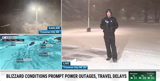 Winter Storm Ezra is slamming millions across the Midwest and Great Lakes regions with a dangerous mix of heavy snow and strong winds. Meteorologist Chris Bruin reports live from Traverse City, Michigan, as conditions deteriorate: | The Weather Channel