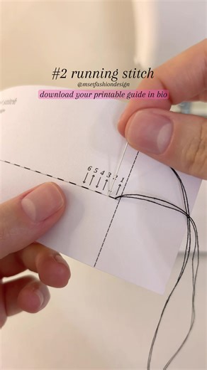 How to sew #2 running stitch - 10 stitches you need to know: Running stitch is the most basic hand sewing stitch, made by bringing the needle up from the back of the fabric and passing it in and out at even distances to create a straight line of stitches. Download your printable guide in bio: Tap my profile, then the link under my profile picture. #sewingtiktok #handstitching #runningstitch