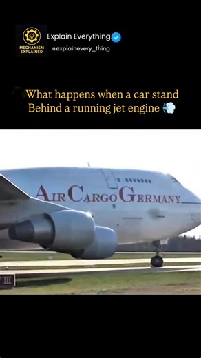 explaineverything on Instagram: "When a car stands behind a running jet engine 💨✈️, the effects are extreme and destructive. Here’s what really happens: 🔥 1. Jet Blast = Hurricane + Explosion A jet engine expels exhaust at 500–700 km/h with temperatures exceeding 600°C. This blast creates a violent shockwave that slams into anything behind it. 🚗 2. Car Gets Thrown or Crushed The pressure force can push or flip a car like a toy Windows shatter instantly Body panels bend, doors rip open Lightwe