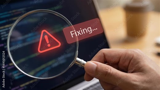 Ai debugging tool use coding error alert warning under magnifying glass on laptop screen agentic ai tool use debugging code fixing screen