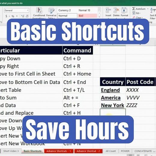 Basic Shortcuts in Excel - Useful Shortkeys