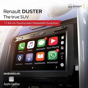 Stay entertained on your drive with #RenaultDUSTER’s Touchscreen MediaNAV Evolution with Apple CarPlay and Android Auto™. Know more: bit.ly/2A35Aej | Renault