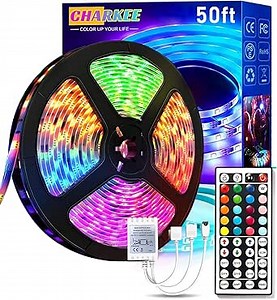 CHARKEE LED Lights for Bedroom 50 ft, Color Changing LED Strip Lights with 44-Key Remote, 12 Volt RGB SMD5050 Tape Lighting for Bedroom, Room Decor, Indoor,IG,TikTok,DIY(44key Remote)