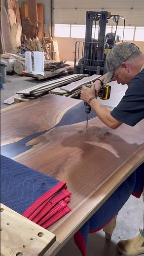 Adding threaded inserts to attach my table legs to the table top.👍😎 #woodworking #liveedgetable