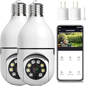 2 Pack 3MP Light Bulb Security Camera Wireless Outdoor, 360° Indoor WiFi Smart Light Socket Cameras for Home Security Cameras with Motion Detection and Alerts, 2-Way Audio, Compatible with Alexa