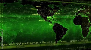 World map with connections, countries, cities and time zones. Loopable world map with major cities names, countries and time zones. Aerial, maritime and ground routes. Green.
