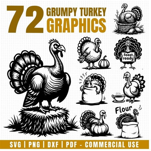 Grumpy Turkey Graphics Svg Png Pdf & Dxf Bundle Instant Downloads - Etsy