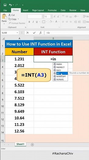 Definition of INT Function in Excel || Excel Tips & Trick || #excel #short #excelbasic
