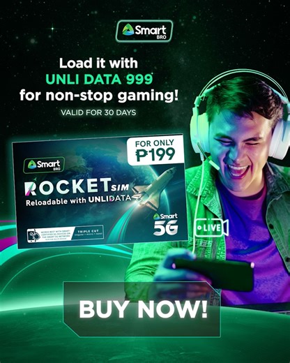 Take your gaming to the next level with Smart Bro Rocket SIM, and supercharge the experience when you load it with UNLI DATA 999. Get your Smart Bro Rocket SIM now at the Smart Online Store: https://smrt.ph/rs199salefb | Smart Communications, Inc.