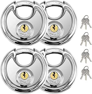 Vervida® Keyed Padlock 70mm Waterproof Stainless Steel, 3/8 Inch Shackle Heavy-Duty Round Outdoor Lock for Storage Units & Garages 4-Pack with 12 Keys (Keyed Different)