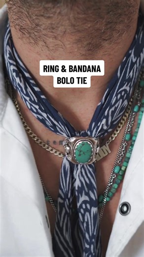 How to make a bolo tie with just a ring & bandana👌🏻Let me know if you try it! #bolotie #westernfashion #westernstyle #wranglerwrancher #westernwear #mensfashion #mensoutfits #mensjewelry