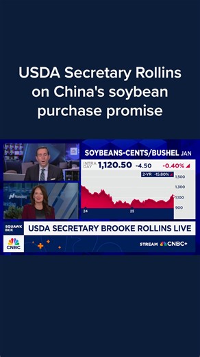 Secretary of Agriculture Brooke Rollins on CNBC's 'Squawk Box' discussed the state of China's pledge to purchase 12 million metric tons of soybeans by the year's end, despite only having purchased 1.5 million to date. Watch more: cnb.cx/49xscEV | CNBC
