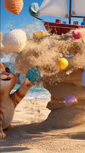 This cute little cat just unlocked BEACH MAGIC… and everything went flying! 😹✨🌊🔥