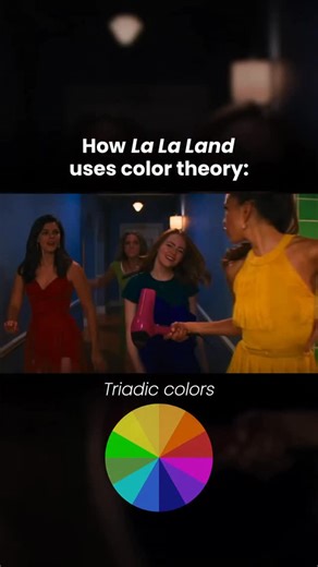 CinemaHow on Instagram: "A masterclass in color theory… For La La Land, cinematographer Linus Sandgren applying multiple principles across Damien Chazelle’s romantic tragedy. Triadic color schemes dominate early musical numbers, primary reds/yellows/blues creating vibrant energy that reflects optimistic beginnings and Hollywood dreams feeling attainable. Complementary colors appear during purple harbor horizons against golden lighting, opposites on color wheel creating maximum visual contrast th