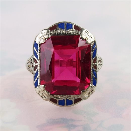 Art Deco Synthetic Ruby Ring: 14k White Gold Filigree, Enamel Accents, Size 5.75 - Etsy
