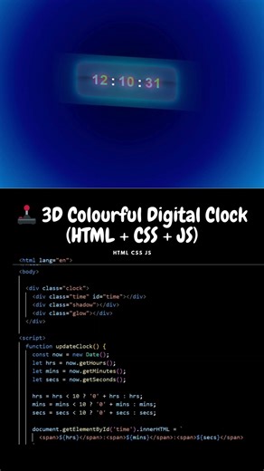 3D Colorful Digital Clock | HTML CSS JavaScript |Neon Design|‪@cs_unlocked‬ #coding #shorts #viral