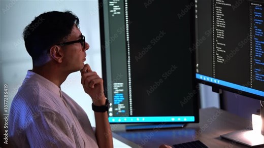 Programmer with glasses reviews code on multiple monitors in a dim office, blue light reflecting on screens. Scene suggests software development, debugging, and cybersecurity work.