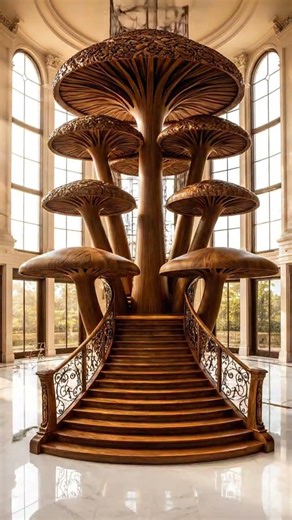 A luxurious staircase shaped like giant mushrooms was built in the mansion #interiordesign