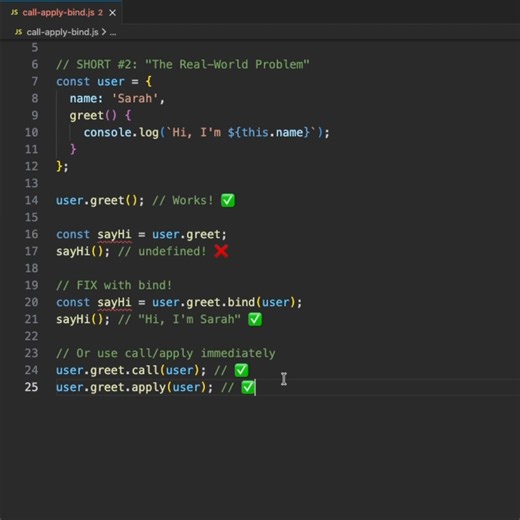 Lost 'this' in JavaScript? Here's the fix! 🔥 When you extract a method from an object, it loses context. Use: - bind() to save context permanently - call() or apply() to use it once This is a super common bug - save this! 💾 Want more? Check the full video in bio! ⬆️ #JavaScript #CodingTips #WebDevelopment #Programming #LearnJS #DeveloperLife #CodeTips #TechShorts #JavaScriptTricks | Fullstack Flow