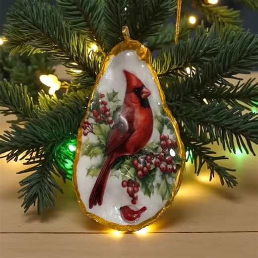 Cardinal Christmas Ornament, Oyster Shell Coastal Tree Decor, Handcrafted Beach Holiday Decoration - Etsy