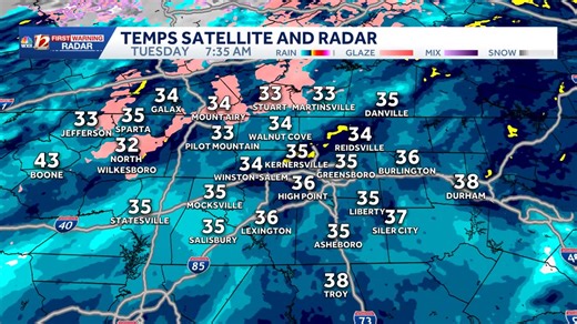 9:30 AM - Cold and wet. Just a raw winter morning. The mountains and foothills are above freezing now. Rain is starting to lighten up in the west, Triad will be next. Rain ends around lunchtime, then clearing up for the afternoon. | WXII 12 Weather