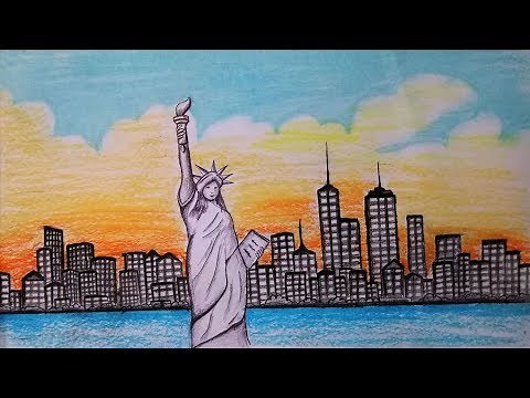 How to draw scenery of new york,statue of liberty.Step by step(easy draw)