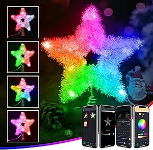 Smart Christmas Tree Topper, 10” Rainbow Lacquer Star with RGB Color Changing, Static & Dynamic Modes, USB Powered, 15 LEDs for Xmas Tree Decoration