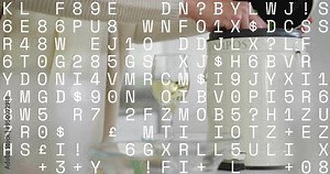 Random alphanumeric characters animation over person placing item in compost bin