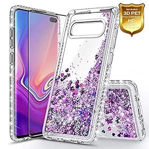 Galaxy S10e Case with Screen Protector (Full Coverage 3D PET) for Girls Women, NageBee Glitter Liquid Sparkle Bling Floating Waterfall Diamond Durable Cute Case for Samsung Galaxy S10e -Purple