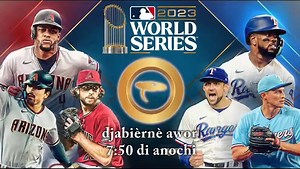 World Series di Major League Baseball ta ranka sali den gran forma ku Arizona Diamond Backs di bishita serka Texas Rangers. Tur dos ekipo lo lucha pa e titulo máksimo di MLB 2023, TeleCuraçao "Nos kanal di Baseball" lo transmiti e serie aki den su totalidat kuminsando djabièrne 27 oktober ku antesala 10 pa 8 di anochi. #telecuracaomultimedia | TeleCuraçao MultiMedia
