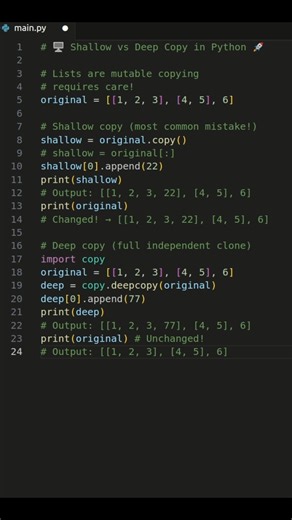 1.2K views | Python List Shallow vs Deep Copy #python #pythonprogramming #code #learning #tipsandtricks #tips #programming #coding | Pythopedia | Facebook