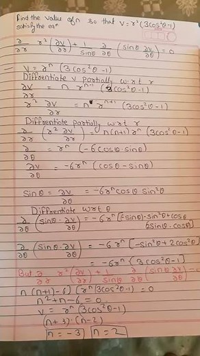 Find the value of n so that v=r^2 (3cos^2θ -1) satisfy the equation partial differentition maths 1