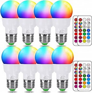 ILC RGB LED Light Bulb, Color Changing Light Bulb, 40W Equivalent, 450LM, 2700K Warm White 5W E26 Screw Base RGBW, 12 Color Choices - Timing Infrared Remote Control (8 Pack)