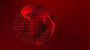 Rotating globe animation with red hues and grid overlays, highlighting continents and dynamic transitions in a 20-second loop