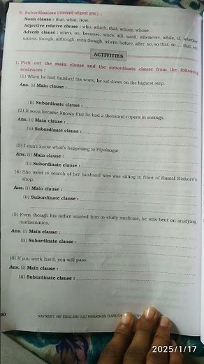 standard 10 English grammar chapter 22 Main clause and Subordinate clauses
