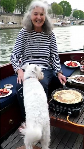 French Grandma with Dog Baking Crepes on a River Boat” #grandmacooks