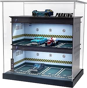 1/64 Scale Die-cast Model Car Display Case with LED Light and Acrylic Cover - Compatible with Hot Wheels Matchbox Mini GT- Parking Garage Dioramas 3 Floors with 10 Parking Spaces(Green)
