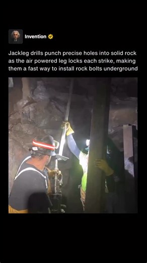 Invention on Instagram: "Jackleg drilling is a core technique in underground hard rock mining, used to create the holes needed for installing rock bolts that keep the roof and walls stable. A jackleg drill is a pneumatic rock drill with an extendable leg that braces the tool against the ground or wall, allowing the operator to push the bit firmly into the rock. This setup gives miners the leverage needed to drill accurate holes at different angles, even in narrow or uneven headings. The air powe