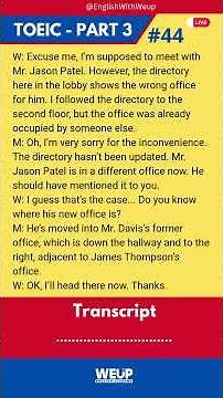 TOEIC Listening Part 3 - Sample Questions #44 with Transcripts | TOEICリスニング