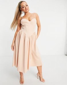 ASOS DESIGN corset cami prom midi dress in beige | ASOS