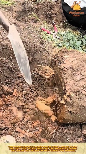 Tree Root Extraction Process: Skilled worker cutting through soil-packed roots with a shovel