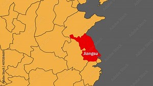 Jiangsu map animated video. Jiangsu location is highlighted on the China map colour with Gray background in video format.