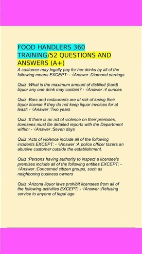 Food Handlers 360 Training52 Questions And Answers A