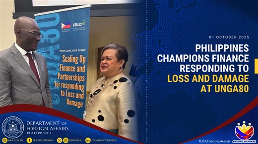 The Philippines, in partnership with the Fund for Responding to Loss and Damage (FRLD), convened a high-level side event during the High-Level Week of the 80th Session of the United Nations General Assembly to galvanize political and financial momentum for addressing climate-induced loss and damage on 23 September 2025. Read full story 👉🏼 https://tinyurl.com/2f45p4bh #DFAForgingAhead | Department of Foreign Affairs, Republic of the Philippines