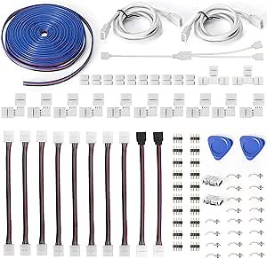 LED Strip Light Connectors Kit - 10mm 4 Pin 5050 RGB Connector Includes 12 Types of Solderless LED Strip Accessories, Provides Most Parts for Lighting DIY