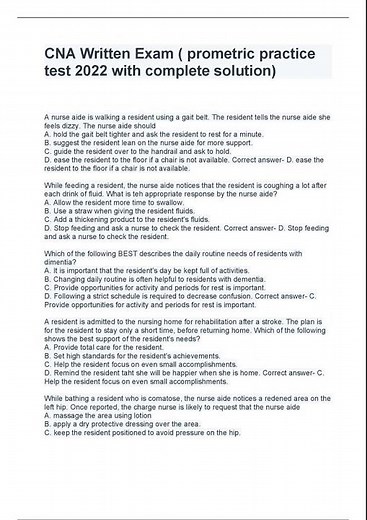CNA Written Exam prometric practice test 2022 with complete solution