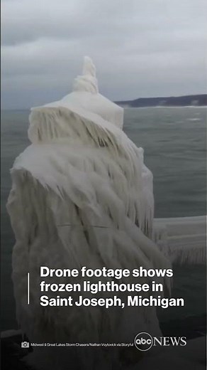 Drone footage shows frozen lighthouse in Saint Joseph, Michigan