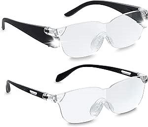 Plus 160% Lighted Magnifying Glasses with LED lights for Men and Women - Great Eyeglasses for Reading Small Prints, Labels, Prescription Bottles, Close Work and Hobbies (2pc Set), Black, 2 Count (Pack of 1)