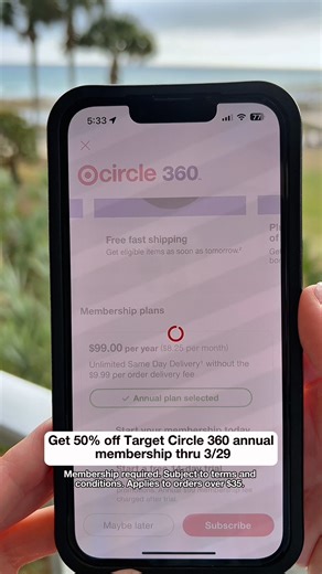Get 50% off Target Circle 360 membership. Enjoy unlimited same-day delivery & other perks. Deal ends 3/29. Restrictions apply. | Target