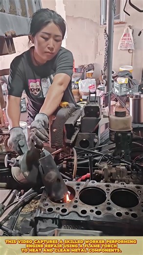 Engine repair process: Skilled worker heats metal parts, remove residue & restores engine efficiency